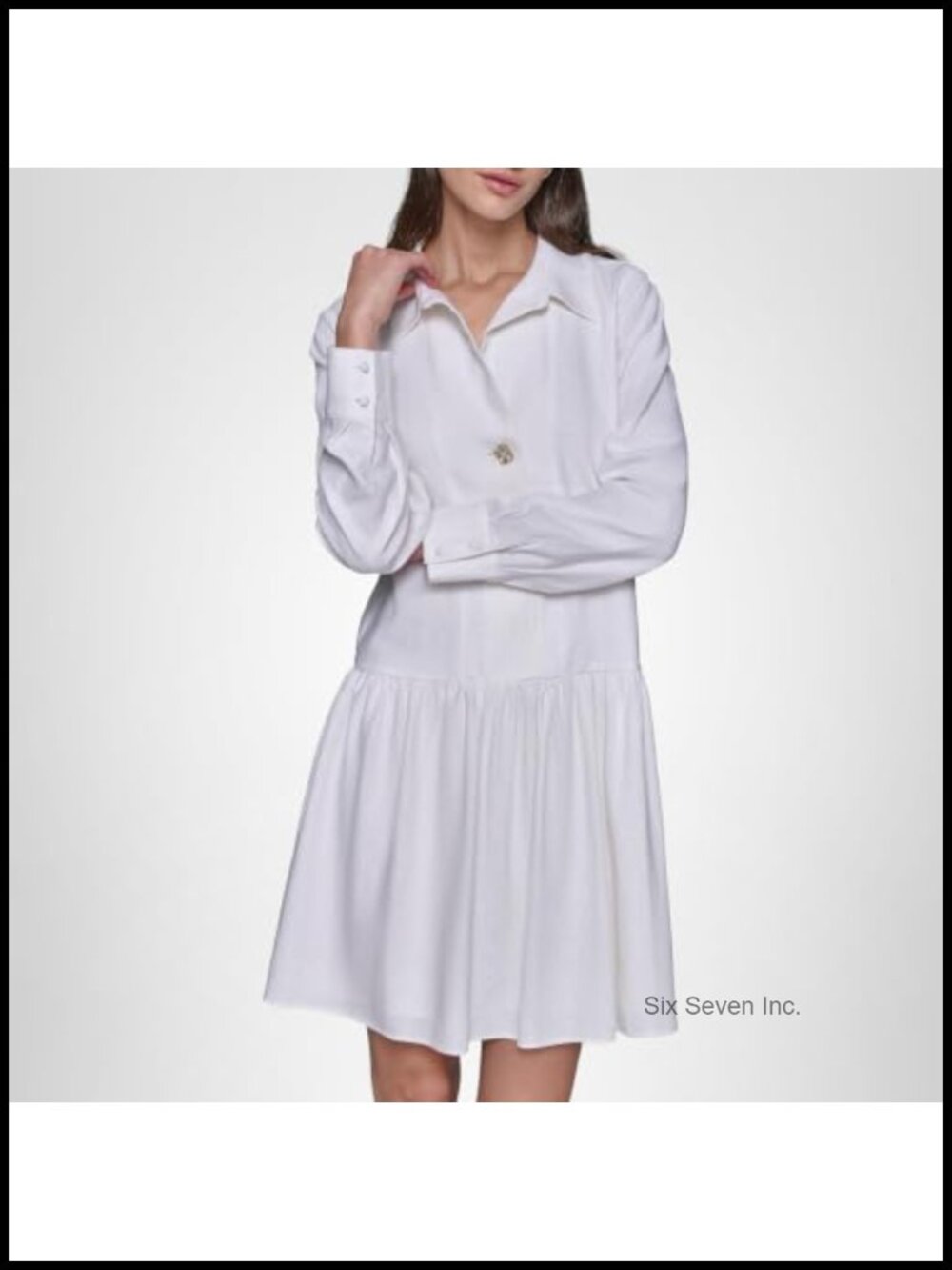 Gathered Flounce Linen Longer Sleeved Shirt Dress A-Line V-Neck